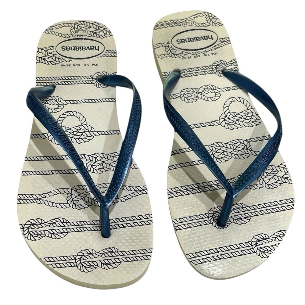 Havaianas Slim Strap Nautical Rope Knot Print Flip Flops Metallic Blue Cream 7 8